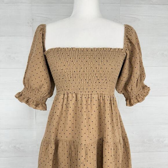 OPT Tiered Babydoll Midi Dress M Puff Sleeve Square Neck Smocked Polka Dot Gauze - Picture 2 of 13